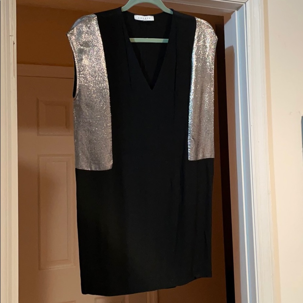 Sandro Black Mini Dress with Silver Metallic Shoulders